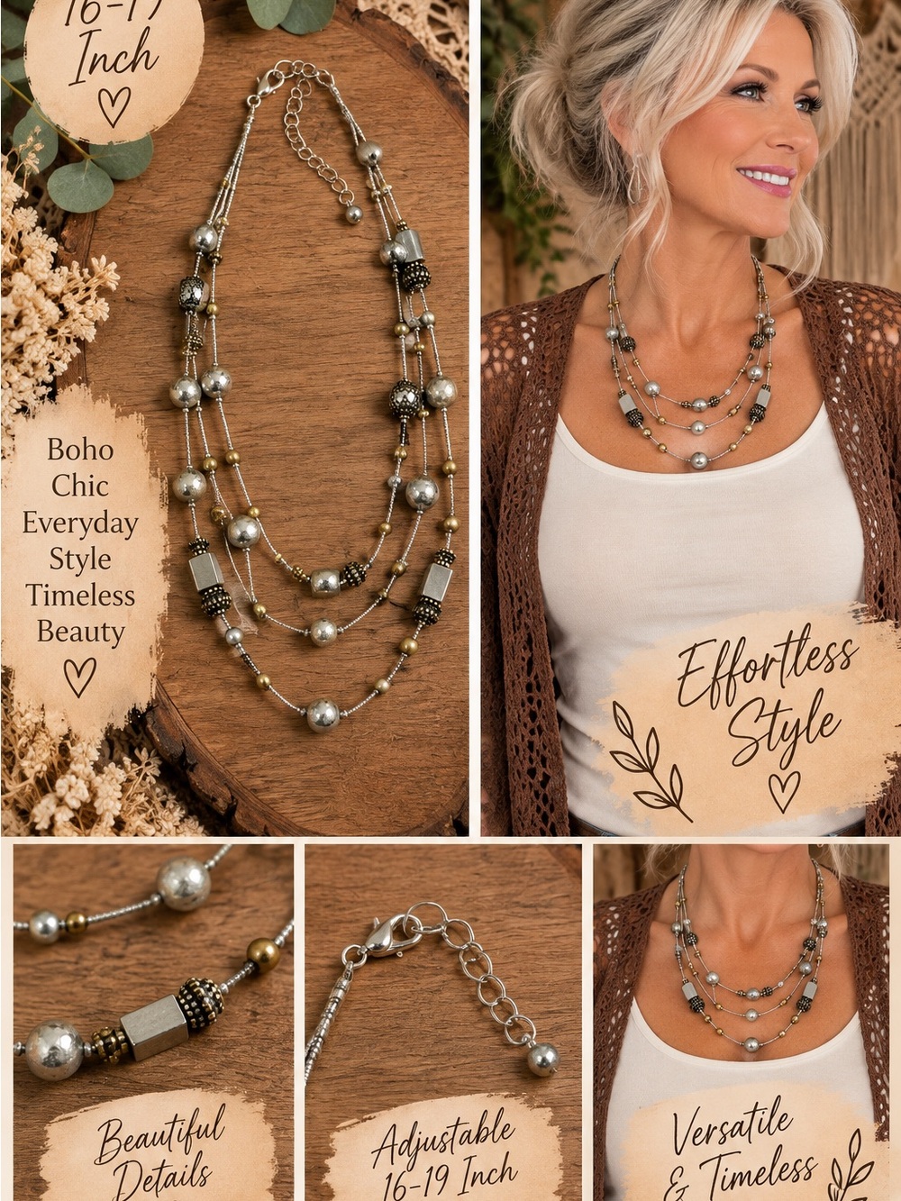 723 Layered Silver and Gold Multi-Strand Necklace - Effortless Boho Chic